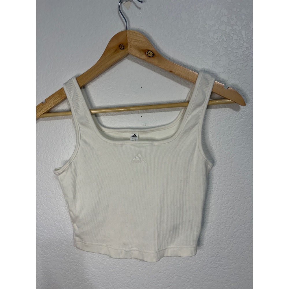 Adidas Womens Ribbed‎ Crop Tank Top White Square Neck Embroidered Logo XS
